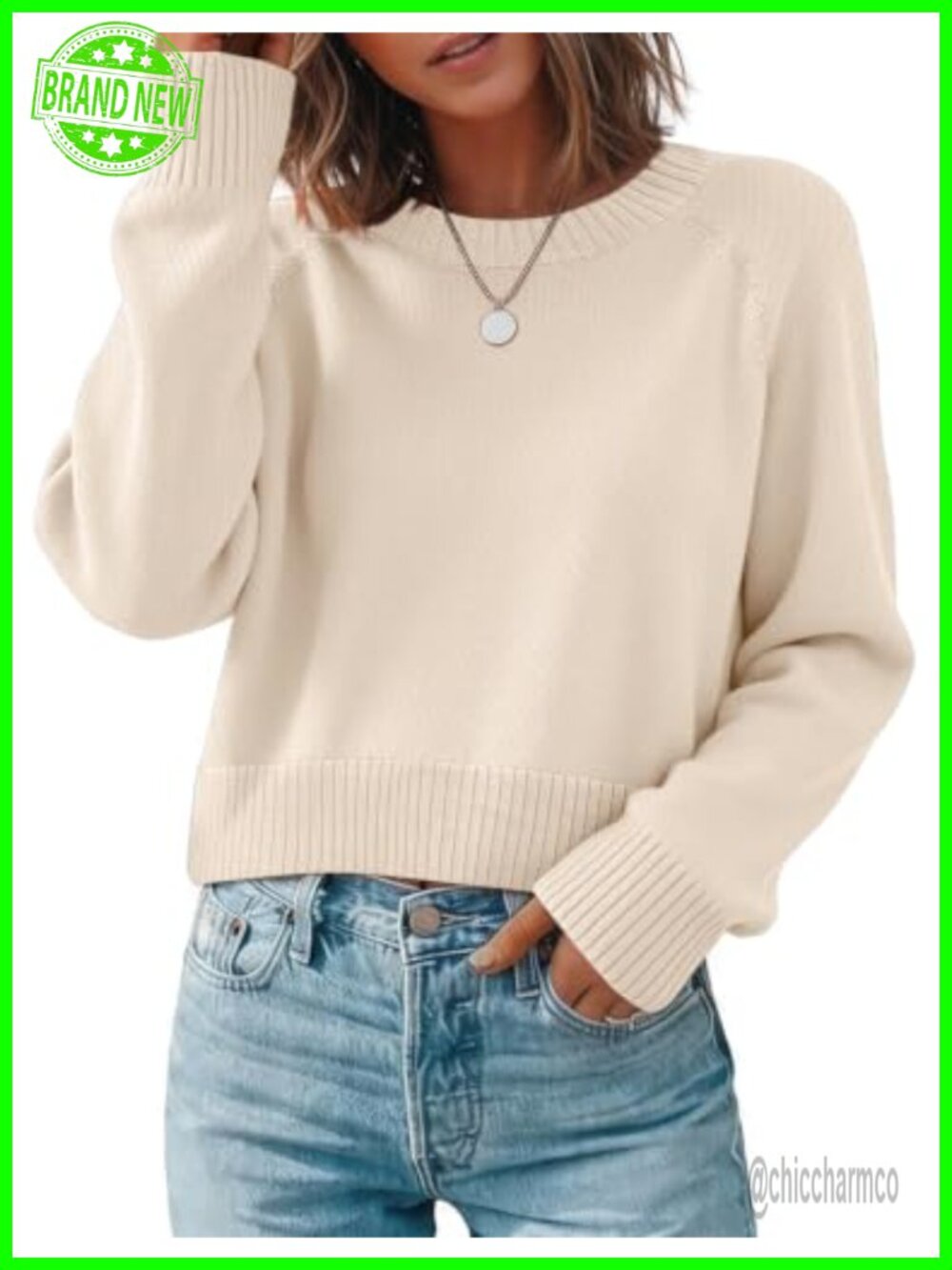 Zeagoo Women's Cropped Crewneck Long Sleeve Knit Pullover Sweater